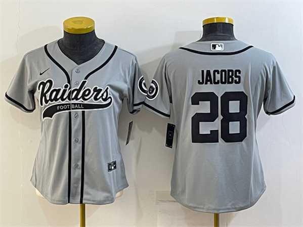 Womens Las Vegas Raiders #28 Josh Jacobs Gray With Patch Cool Base Stitched Baseball Jersey